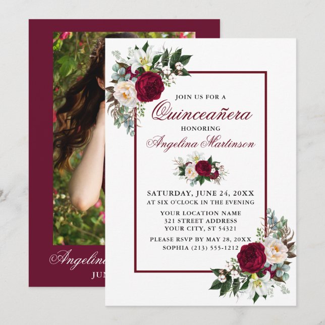 Invitation Moderne Bourgogne Flore Verdure Photo Quinceanera (Devant / Derrière)
