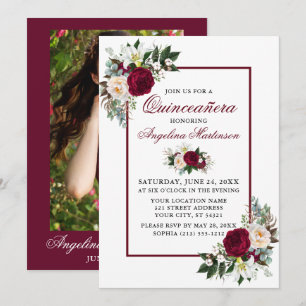 Invitation Moderne Bourgogne Flore Verdure Photo Quinceanera