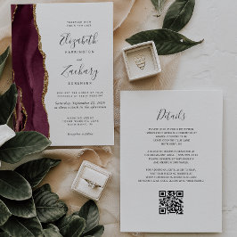 Invitation Moderne Bourgogne Gold Agate QR Code Mariage