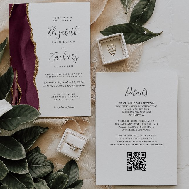 Invitation Moderne Bourgogne Gold Agate QR Code Mariage (Créateur téléchargé)