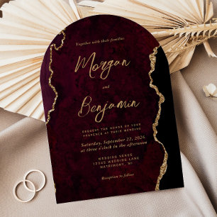 Invitation Moderne Bourgogne Or Agate Script Arch Mariage