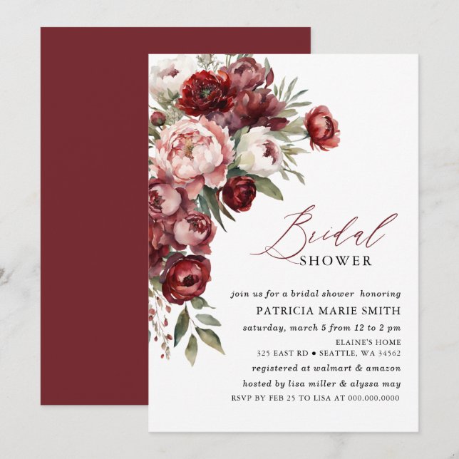 Invitation Moderne Bourgogne Rose Blush Floral Fête des marié (Devant / Derrière)