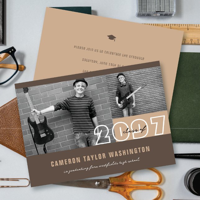 Invitation Moderne Brown 2 bloc photo Simple Graduation Party (Modern Brown 2 Photo Blocks Simple Graduation Announcement & Party Invitation @ fatfatin)