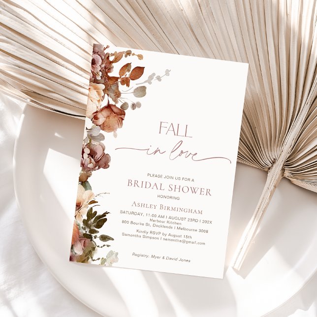 Invitation Moderne Brown Floral Chute En Fête des mariées Amo (fall in Love Bridal Shower Invitation, Fall Bridal Shower Invite, Brown Boho Floral, Autumn Bridal)