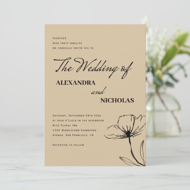 Invitation Moderne Brown Neutral Floral Mariage (Debout devant)