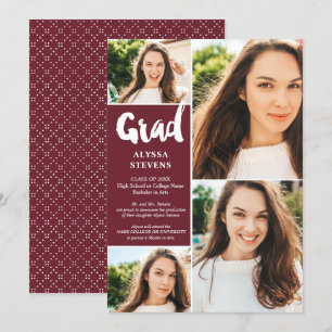 Invitation Moderne burgundy Grad script 4 photos graduation