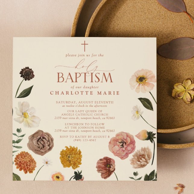 Invitation Moderne Burnt Orange Terracotta Floral Saint-Baptê (Holy Baptism Invitation)