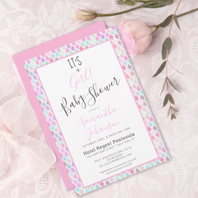 Invitation Moderne C'est une fille Baby shower Motif géométri (MODERN PINK GEOMETRIC PINK BABY SHOWER INVITATION)