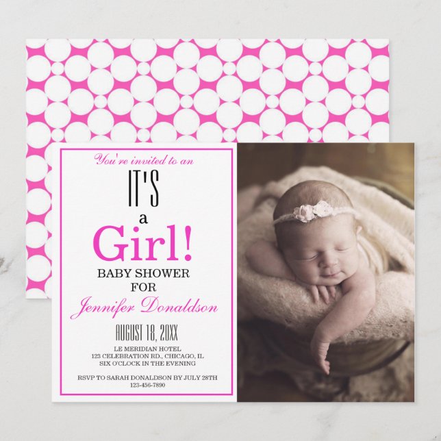 Invitation Moderne C'est une fille ! Baby shower photo rose (Devant / Derrière)