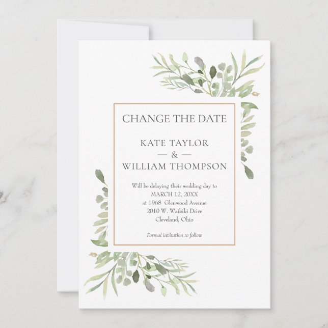 Invitation Moderne Changer la date Aquarelle Verdure (Devant)