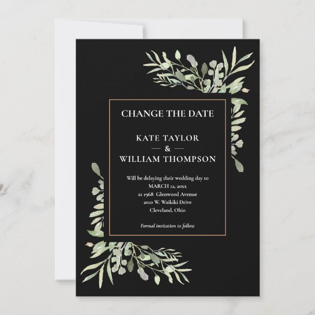 Invitation Moderne Changer la date Or Noir Vert Feuille (Devant)