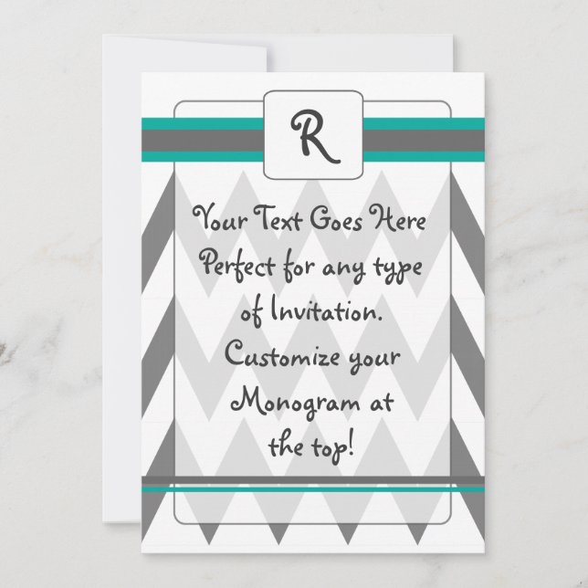 invitation moderne Chevron avec Monogramme, turquo (Devant)