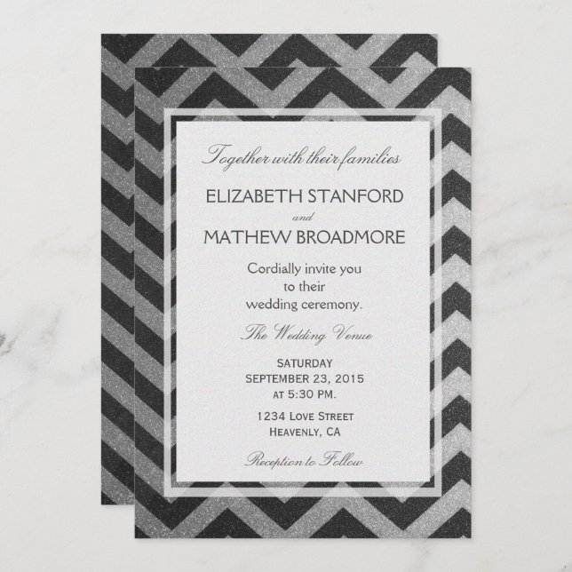 Invitation Moderne Chevron noir et argent (Devant / Derrière)