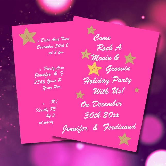 Invitation Moderne Chic Blanc Pinik Or étoiles Vacances Super (Modern chic white script on hot pink background with gold stars groovy holiday party invitation.)