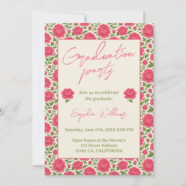 Invitation Moderne Chic Boho Pink Peony Party de graduation (Devant)