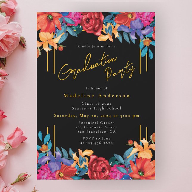 Invitation Moderne Chic Fiesta Floral Graduation Party Noir (Créateur téléchargé)