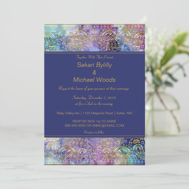 Invitation Moderne Chic Gold Paisley (Debout devant)