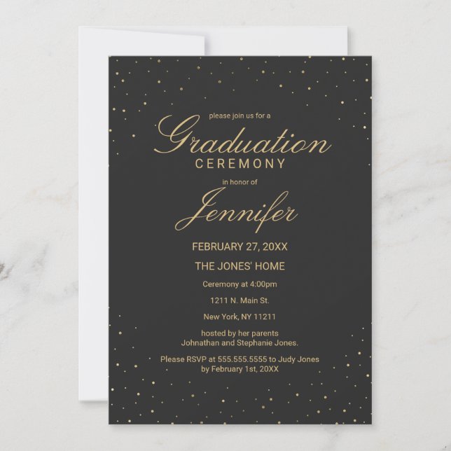 Invitation Moderne Chic Gold Speckled sur la graduation noire (Devant)