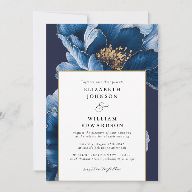 Invitation Moderne Chic Marine Bleu Or Floral QR Code Mariage (Devant)