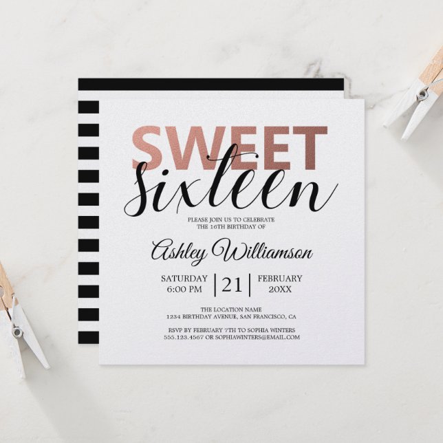 Invitation Moderne Chic Noir Blancs Pink Sweet 16 (Devant/Arrière en situation)