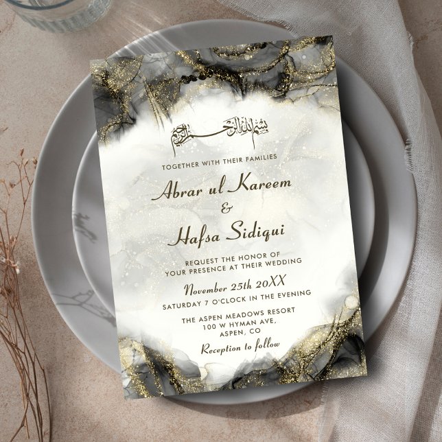 Invitation Moderne Chic Noir Enked Mariage islamique Monogram (Créateur téléchargé)
