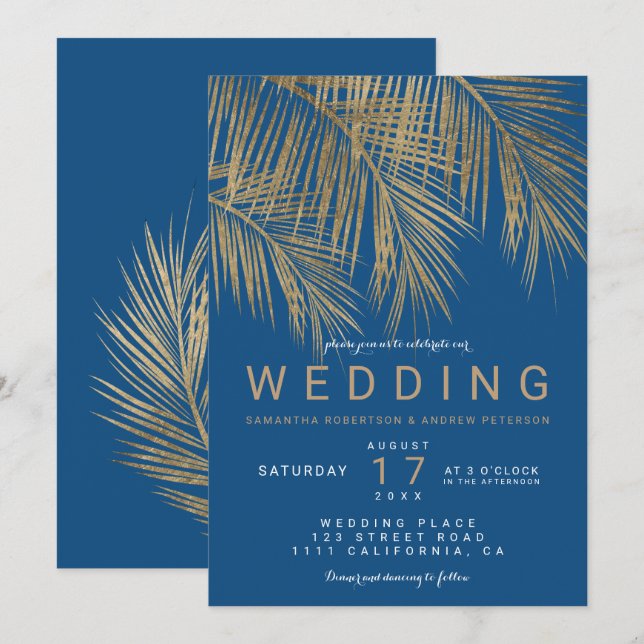 Invitation Moderne chic palmier or élégant bleu mariage (Devant / Derrière)