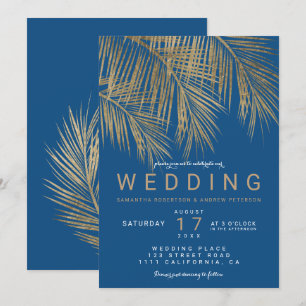 Invitation Moderne chic palmier or élégant bleu mariage