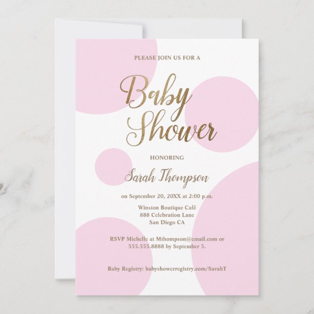 Invitation Moderne Chic Polka point rose Baby shower or (Devant)