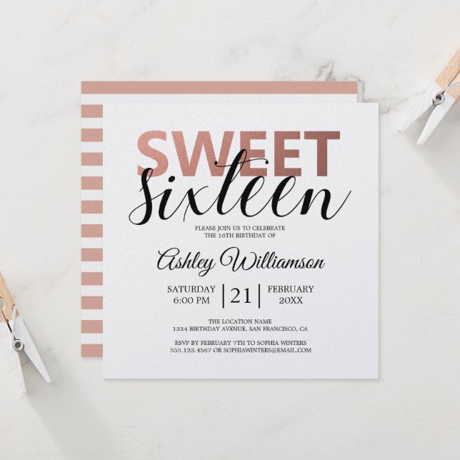 Invitation Moderne Chic rose blanc rayures rose doux 16 (Devant/Arrière en situation)