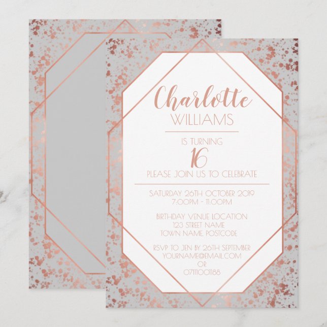 Invitation Moderne Chic Rose Gold Paint Flicks 16e anniversai (Devant / Derrière)