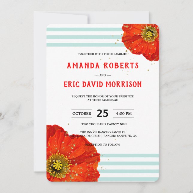 Invitation Moderne Chic Rouge Pavot Mint Turquoise Grilles Ma (Devant)