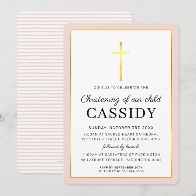 Invitation MODERNE CHRISTENING feuille d'or croix mignon rose (Devant / Derrière)