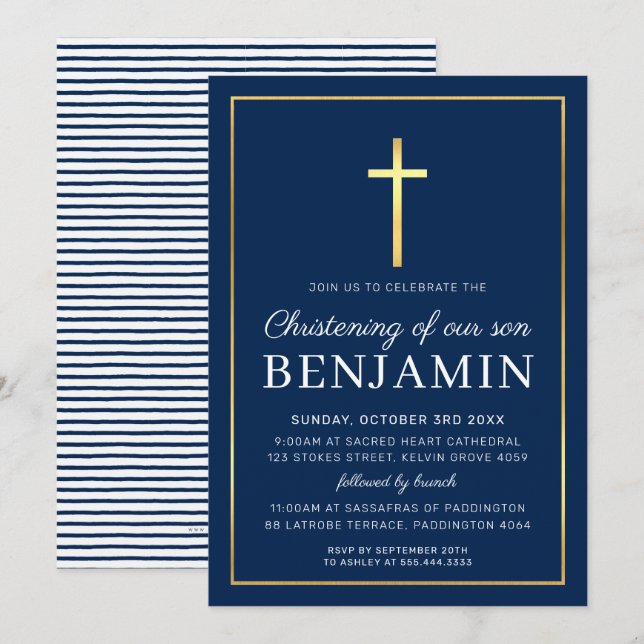 Invitation MODERNE CHRISTENING or croix simple marine blanc I (Devant / Derrière)