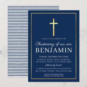 Invitation MODERNE CHRISTENING or croix simple marine blanc I