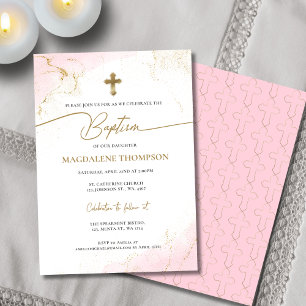 Invitation Moderne Christian Rose Croix d'or Baptême fille