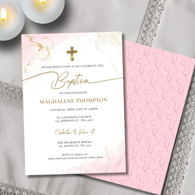 Invitation Moderne Christian Rose Croix d'or Baptême fille (Créateur téléchargé)