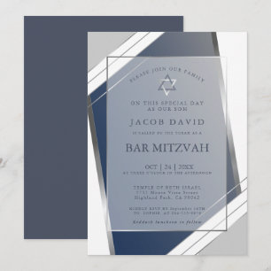 Invitation Moderne classique géométrique bleu SIlver Bar Mitz