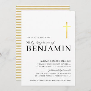 Invitation MODERNE CROSS baptisme minimum noir faux or