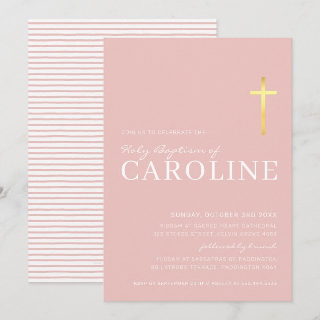 Invitation MODERNE CROSS or saint baptême minimal rose blanc (Devant / Derrière)