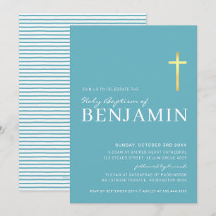Invitation MODERNE CROSS or saint baptême minimum aqua bleu