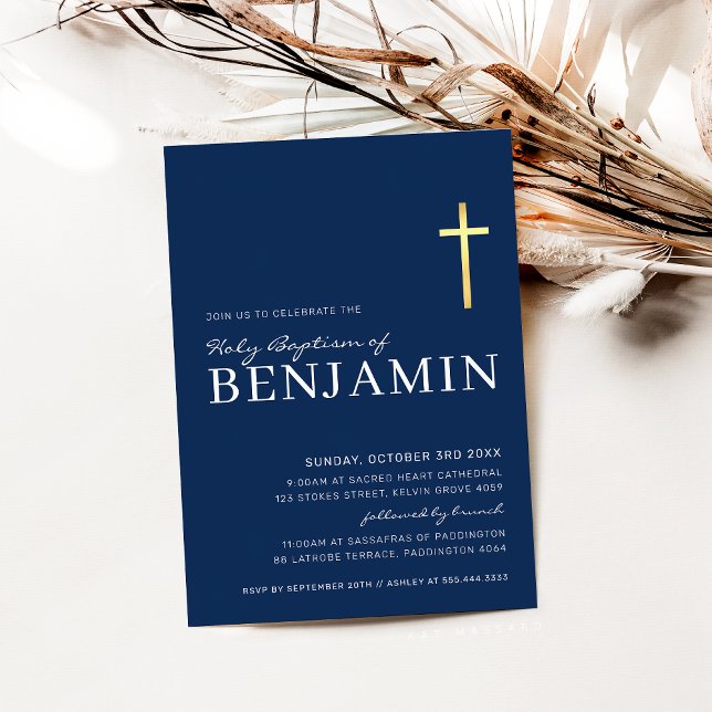 Invitation MODERNE CROSS saint baptême minimal marine bleu bl (Créateur téléchargé)