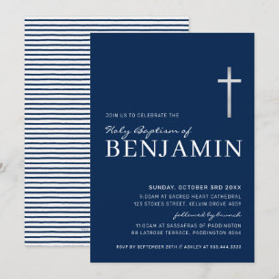 Invitation MODERNE CROSS saint baptême minimal marine bleu bl