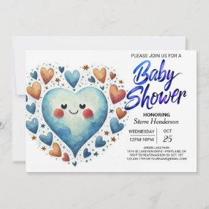 Invitation Moderne Cute Blue Hearts Aquarelle Baby shower gar