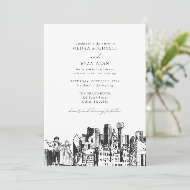 Invitation Moderne Dallas Texas Skyline Mariage noir et blanc (Debout devant)