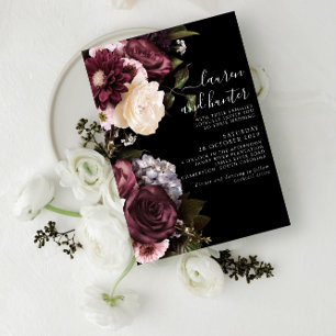 Invitation Moderne Dark Moody Bourgogne Script Floral Mariage