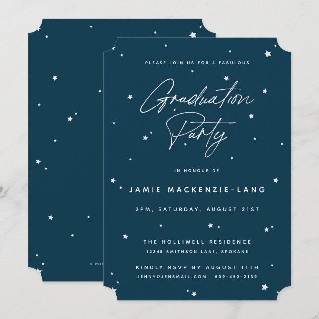Invitation Moderne Dark Turquoise Script et Stars Graduation  (Devant / Derrière)