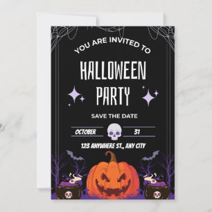 Invitation moderne de fête d'Halloween noir et bla