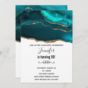 Invitation Moderne Design Turquoise Or & Blanc Agate Annivers