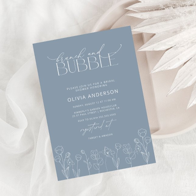 Invitation Moderne Dusty Blue Floral Brunch & Bubbly Douche (Créateur téléchargé)