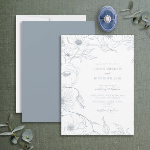 Invitation Moderne Dusty Blue Line Art Floral Mariage